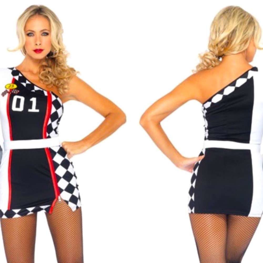 Leg Avenue Black White Checkered One-Shoulder Race Dress with Red Accents